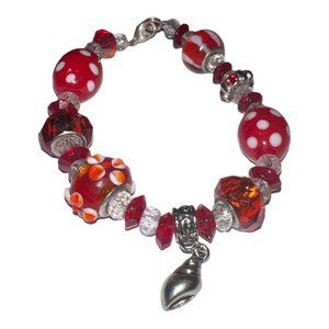Artisan Glass Bead Red and White Bracelet w/Clasp & Shell Charm